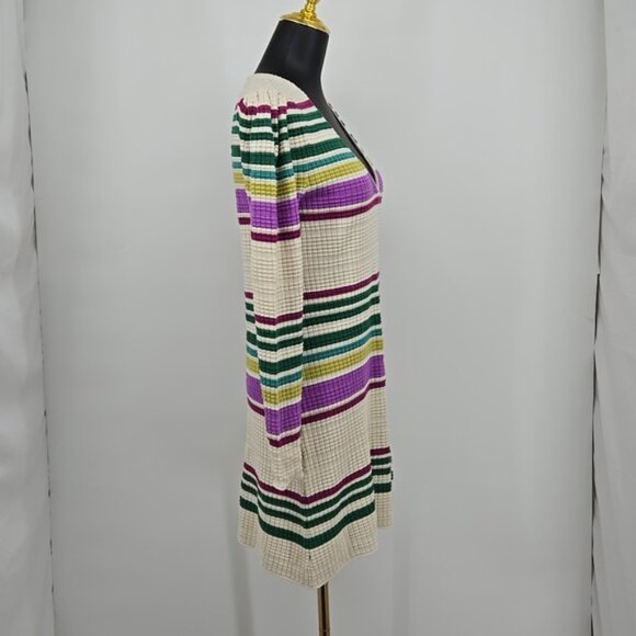 FREE PEOPLE Striped Ivory V Neck Gidget Sweater Dress Green Purple Size Small - Picture 7 of 13